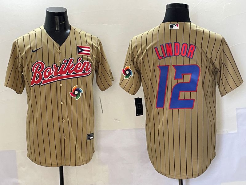 Men Puerto Rico 12 Lindor Brown Stripe Joint Name 2025 Nike MLB Jersey style 13